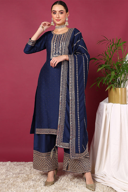 Plus Size Blue Silk Blend Solid Yoke Design Straight Suit Set